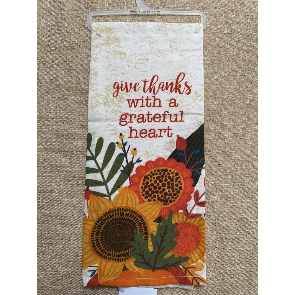 Primitives By Kathy Tea Towel Give Thanks Grateful Heart Dish Cloth Cotton NOS
